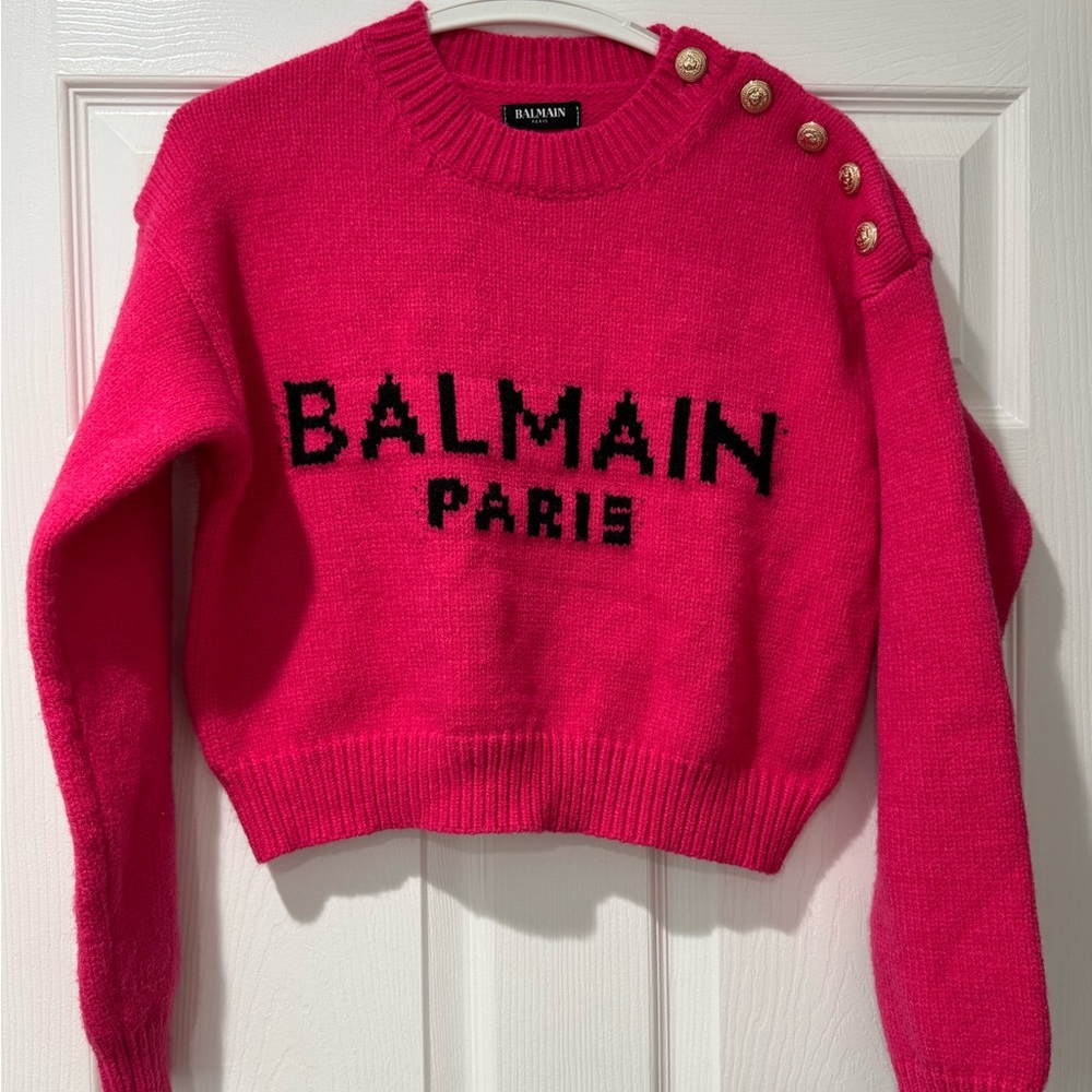 Balmain Fuchsia Crew Neck Sweater with Gold Buttons
